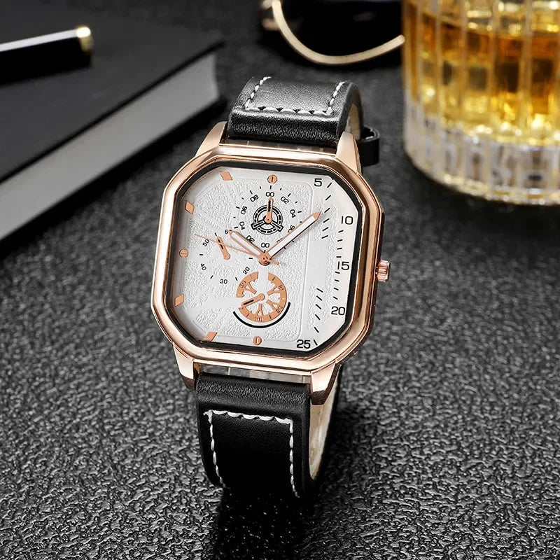 Men Quartz Watches Alloy Dial Business Men Watch PU Leather Strap Big