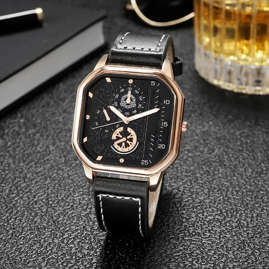 Men Quartz Watches Alloy Dial Business Men Watch PU Leather Strap Big