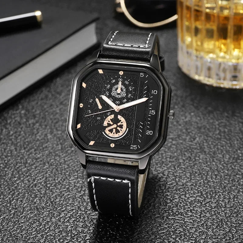 Men Quartz Watches Alloy Dial Business Men Watch PU Leather Strap Big