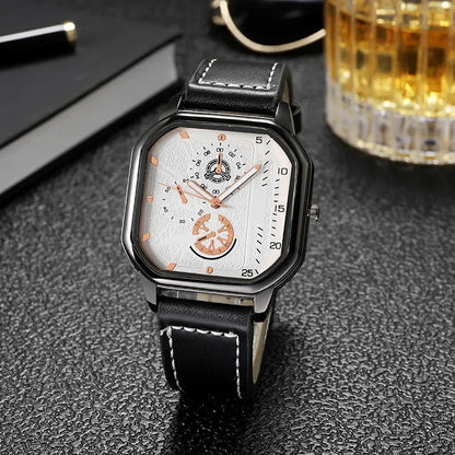 Men Quartz Watches Alloy Dial Business Men Watch PU Leather Strap Big